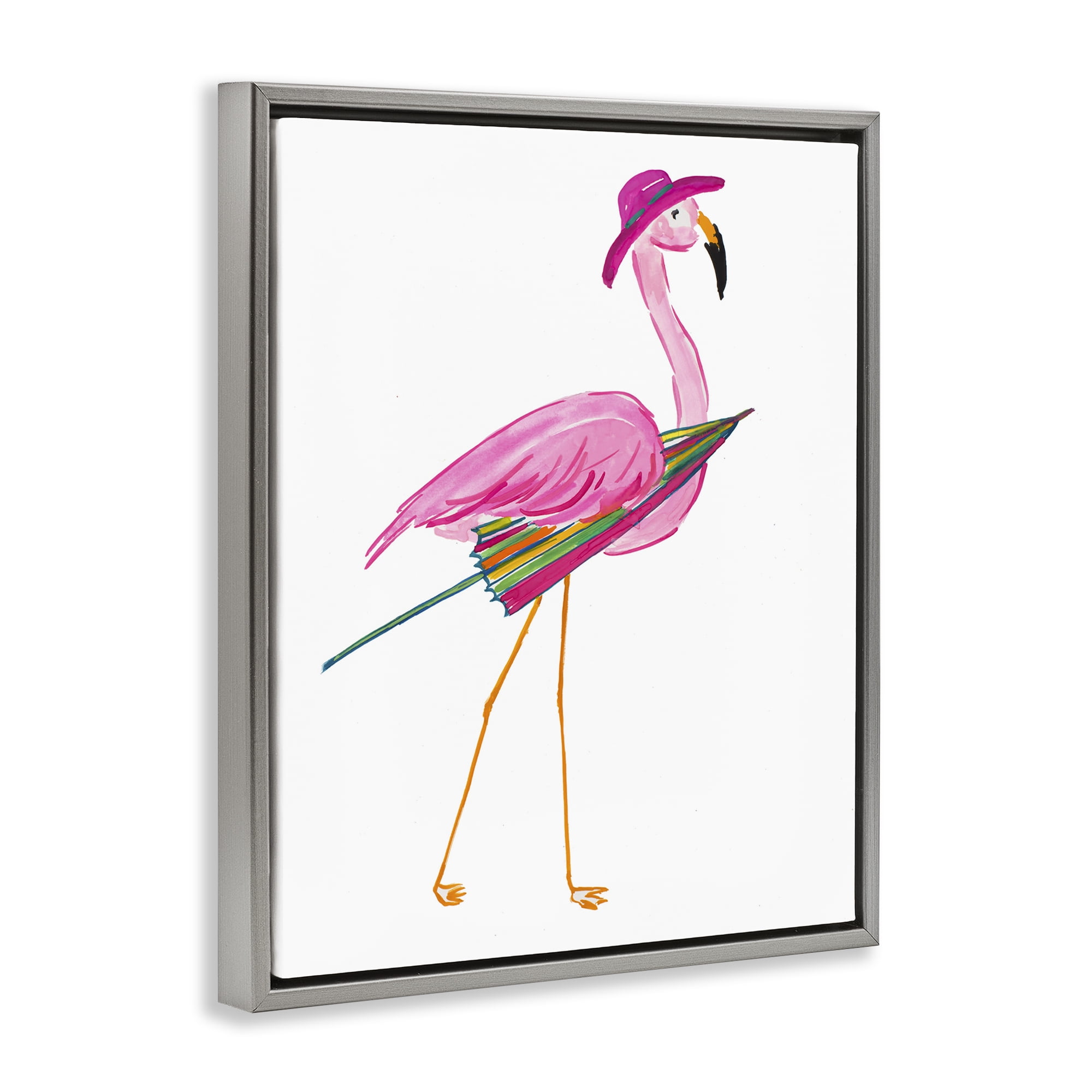 Stupell Industries Flamingo with Beach Umbrella Animals & Insects Painting Gray Floater Framed Canvas Art Print Wall Art, 25 x 31