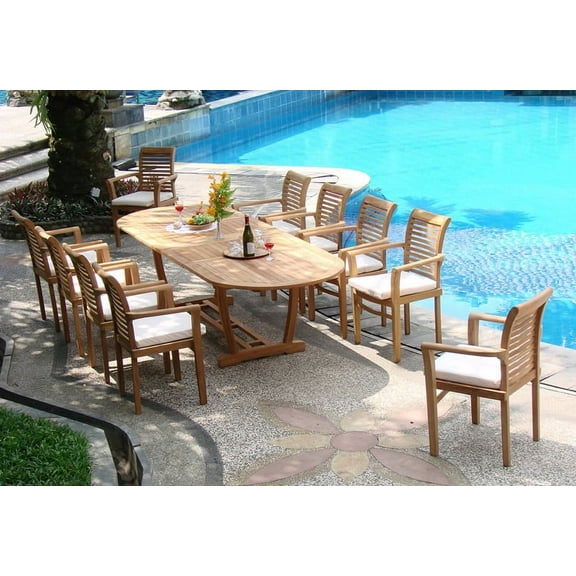 Teak Dining Set:10 Seater 11 Pc - Large 117" Mas Oval Table (Trestle Leg) And 10 Mas Stacking Arm Chairs Outdoor Patio Grade-A Teak Wood WholesaleTeak #WMDSMSg