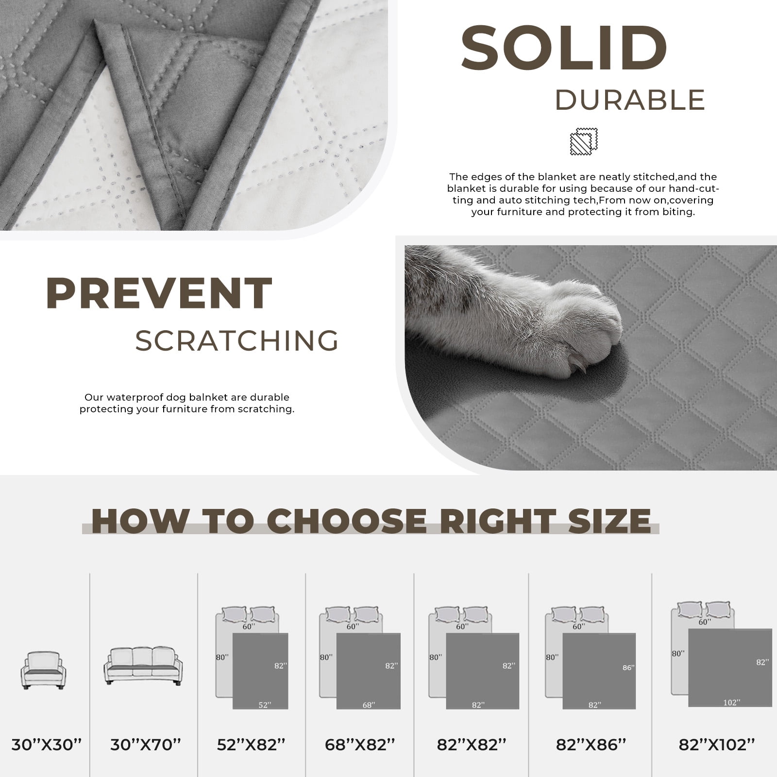 Sanmadrola Sofa Cover Slipcover 100% Double-Sided Waterproof Dog Bed Couch Cover Pet Blanket Sofa Couch Furniture Protector for Kids Children Dog Cat, 52''x82'' Gray