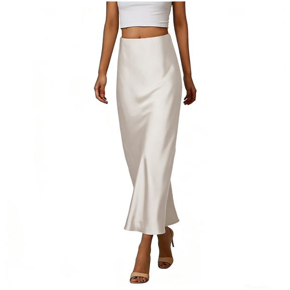 Riecok Satin Skirts for Women Flared Ankle Length Skirts Solid Lightweight Trendy Elegant Slip Skirt White 3XL
