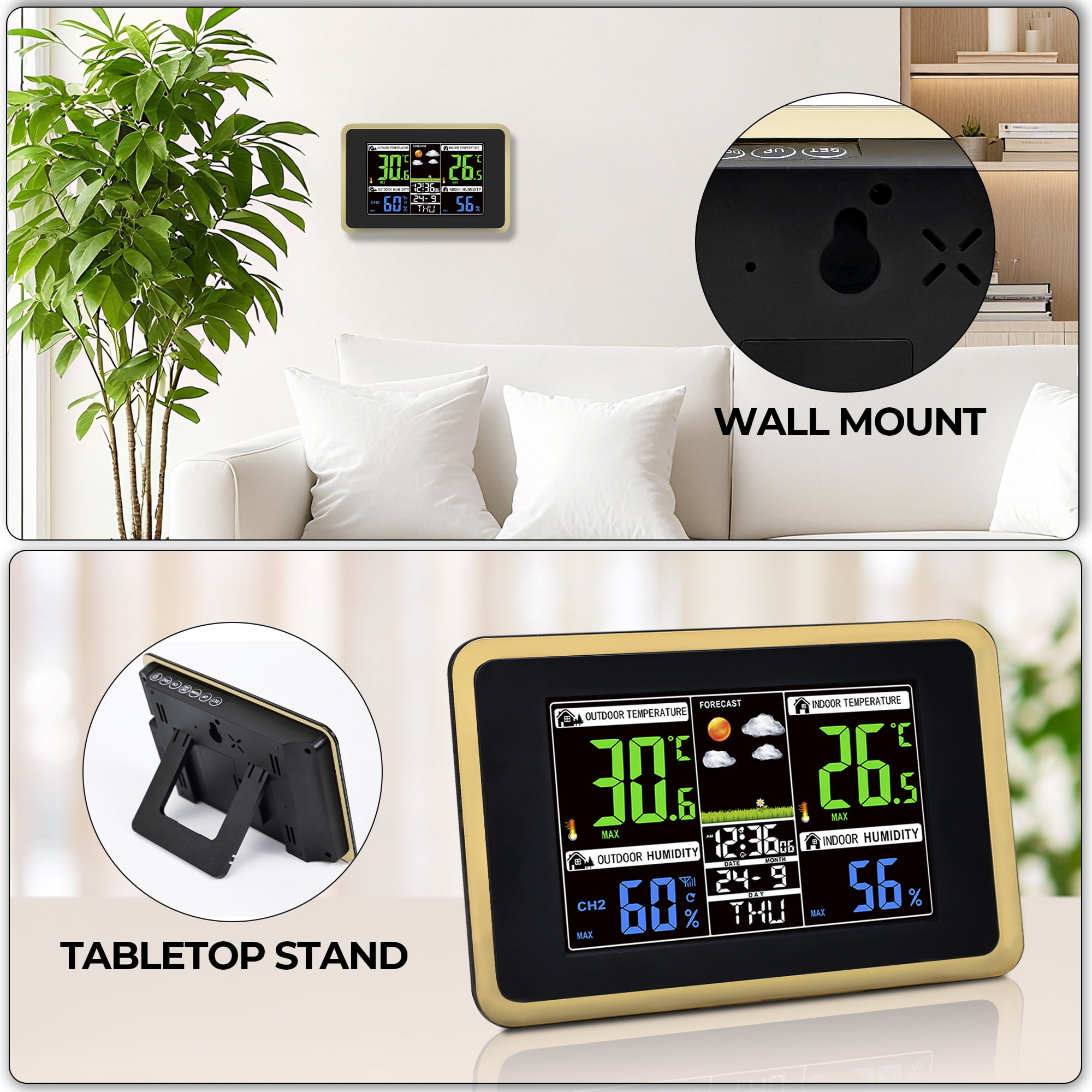 AOLIGO Wireless Weather Station, Color Display with Indoor Outdoor Thermometer, Forecast, Alarm and Calendar, Black