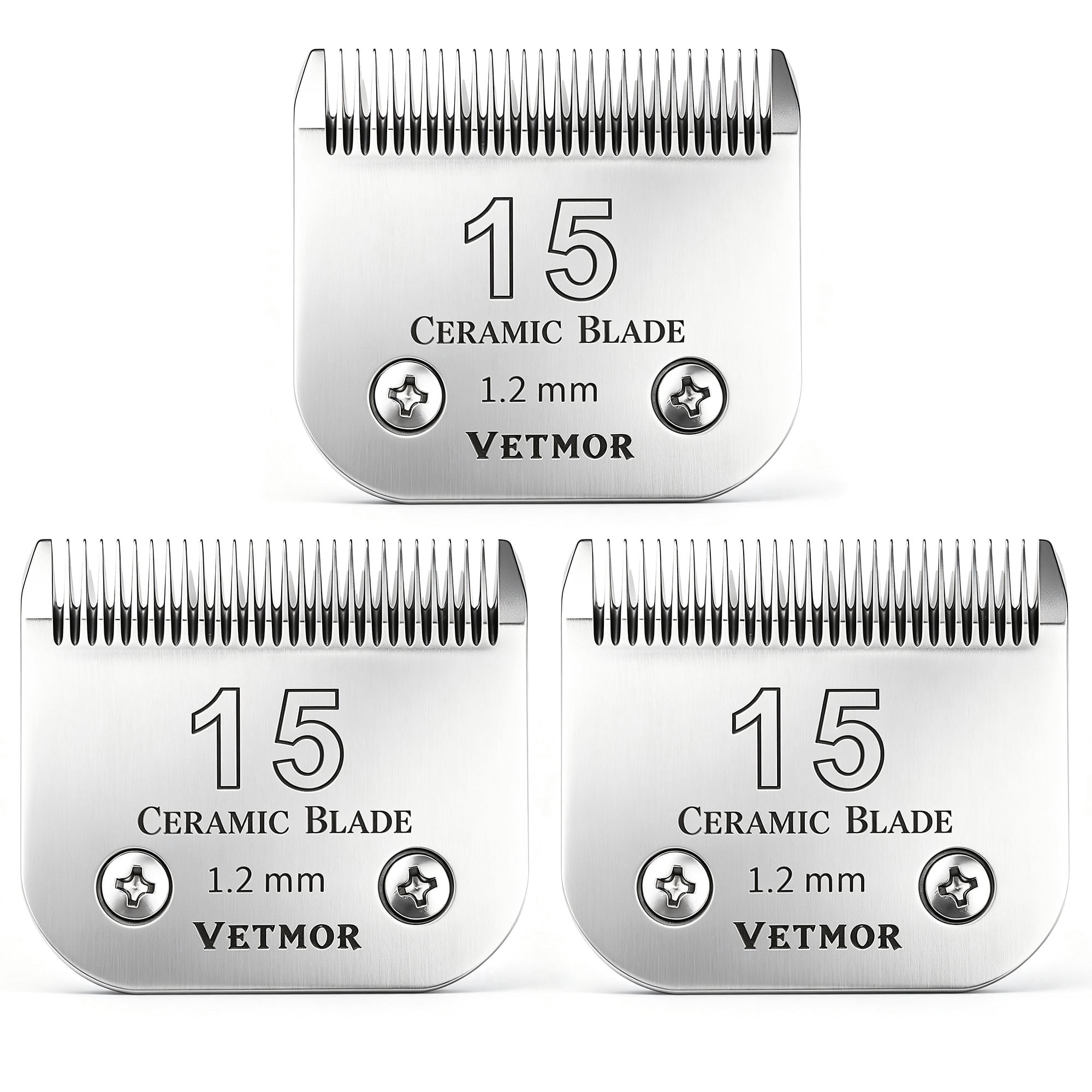3-Pack Size 15 Detachable Ceramic Replacement Blades for Pet Dog Grooming, 3/64 Inch (1.2mm) Cut Length, Compatible with Andis, Oster A5 and Wahl KM-10 Series Pet Clippers