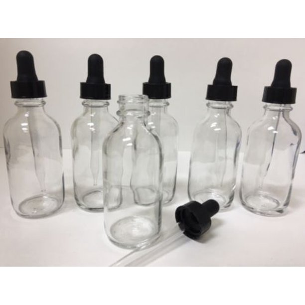 6 Pack 2oz CLEAR Boston Glass Bottles with Glass Eye Dropper 60 ML