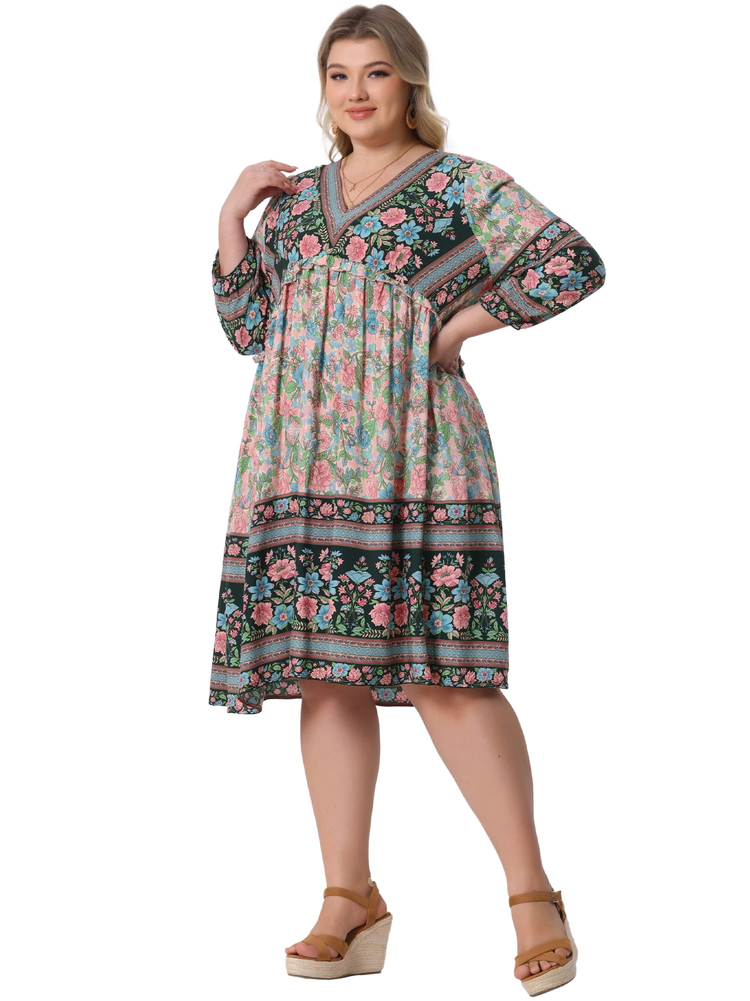 DARING DIVA Women's Plus Size Casual Boho Floral V Neck 3/4 Sleeve Dress 3X Blue Pink