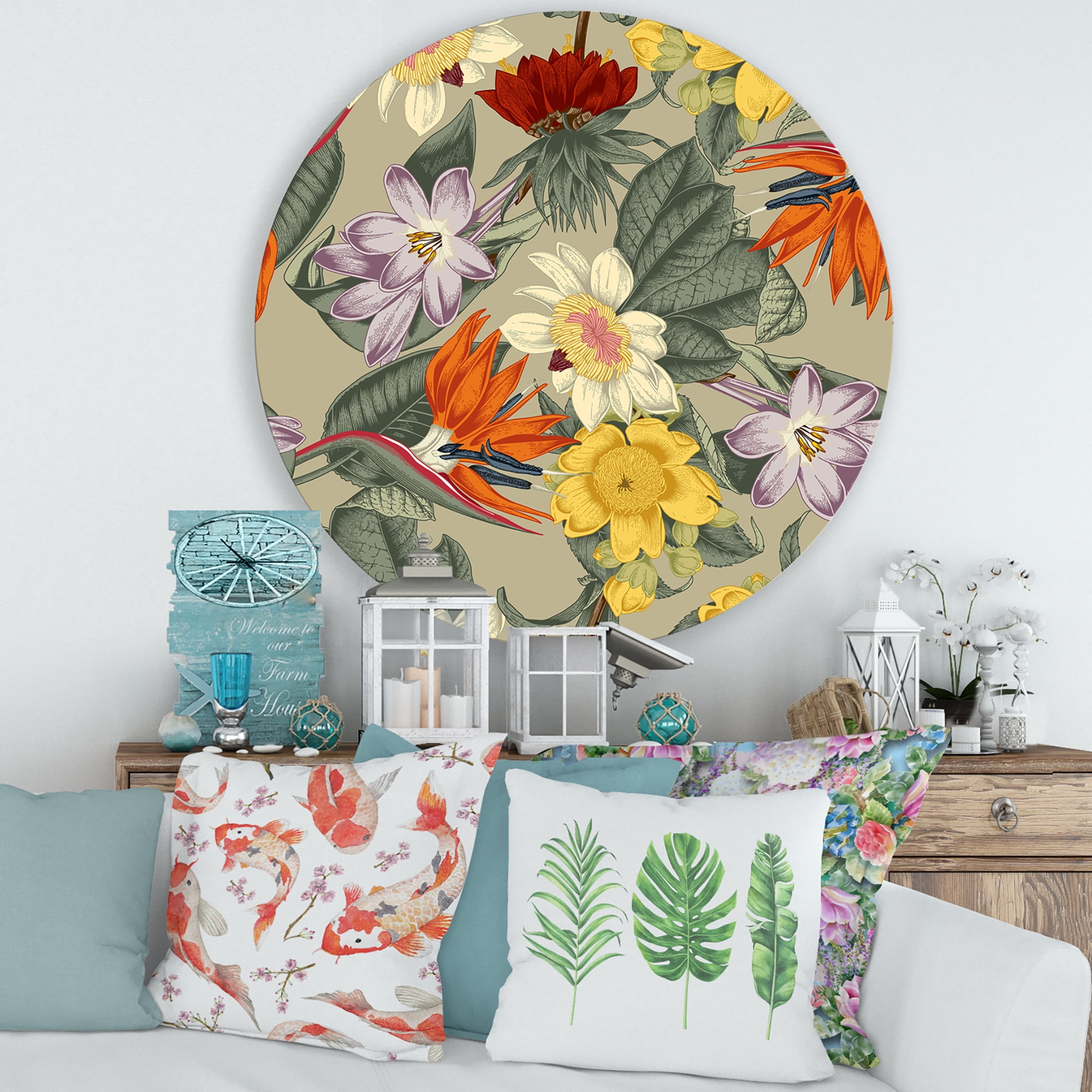 Designart 'Ancient Exotic Flowers In Orange and Yellow' Traditional Circle Metal Wall Art 36x36 - Disc of 36