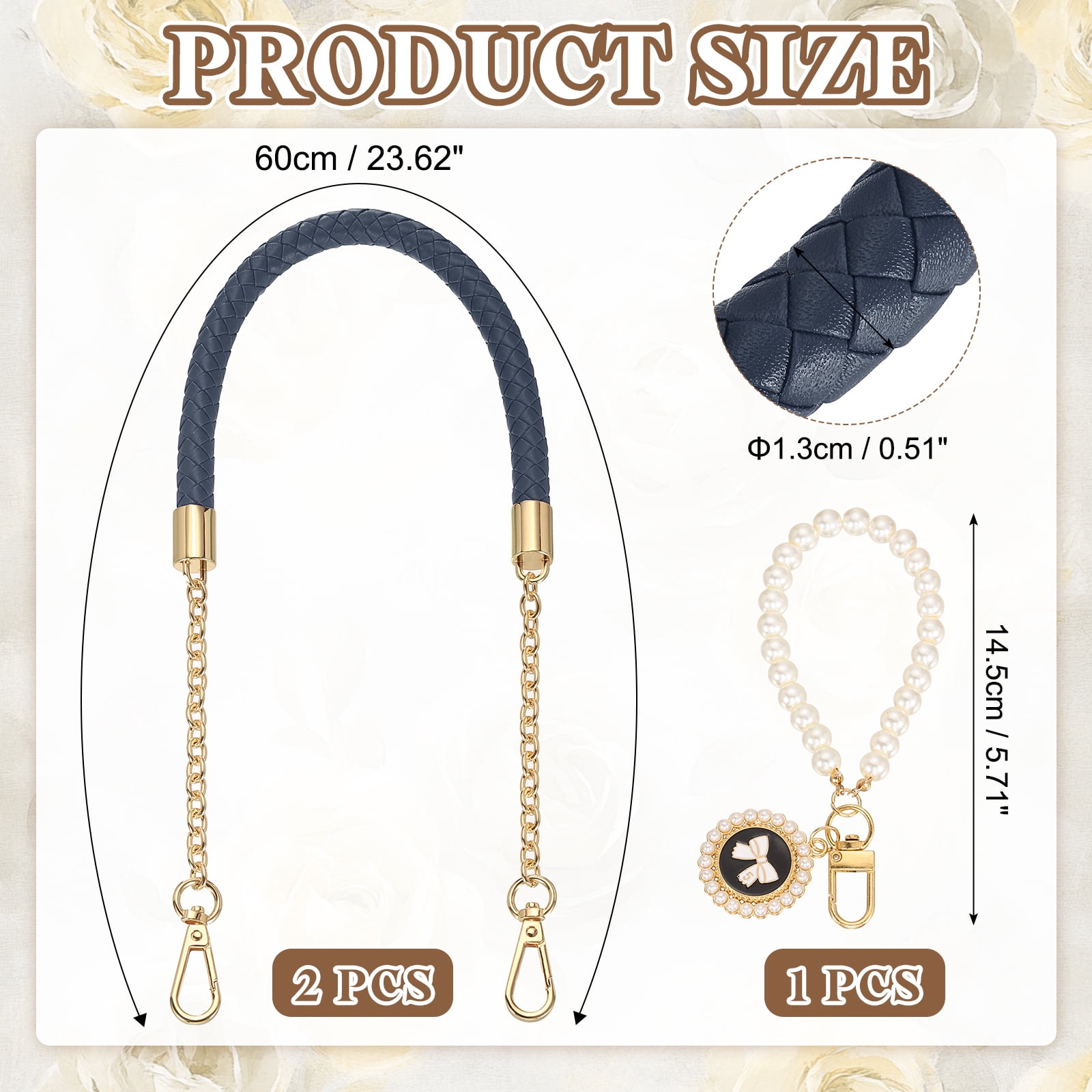 Uxcell 2 Pcs PU Leather Chain Purse Strap, 23.6 Inch Braided Purse Handles Replacement Strap with Pearl Pendant for Tote Bag Handbag Underarm Bag (Blue, Light Gold Chain)
