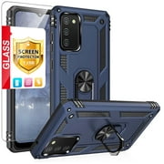 TJS Phone Case for Samsung Galaxy A03S, with [Tempered Glass Screen Protector] Impact Resistant Metal Ring Magnetic Support Kickstand Drop Protector Cover (Blue)