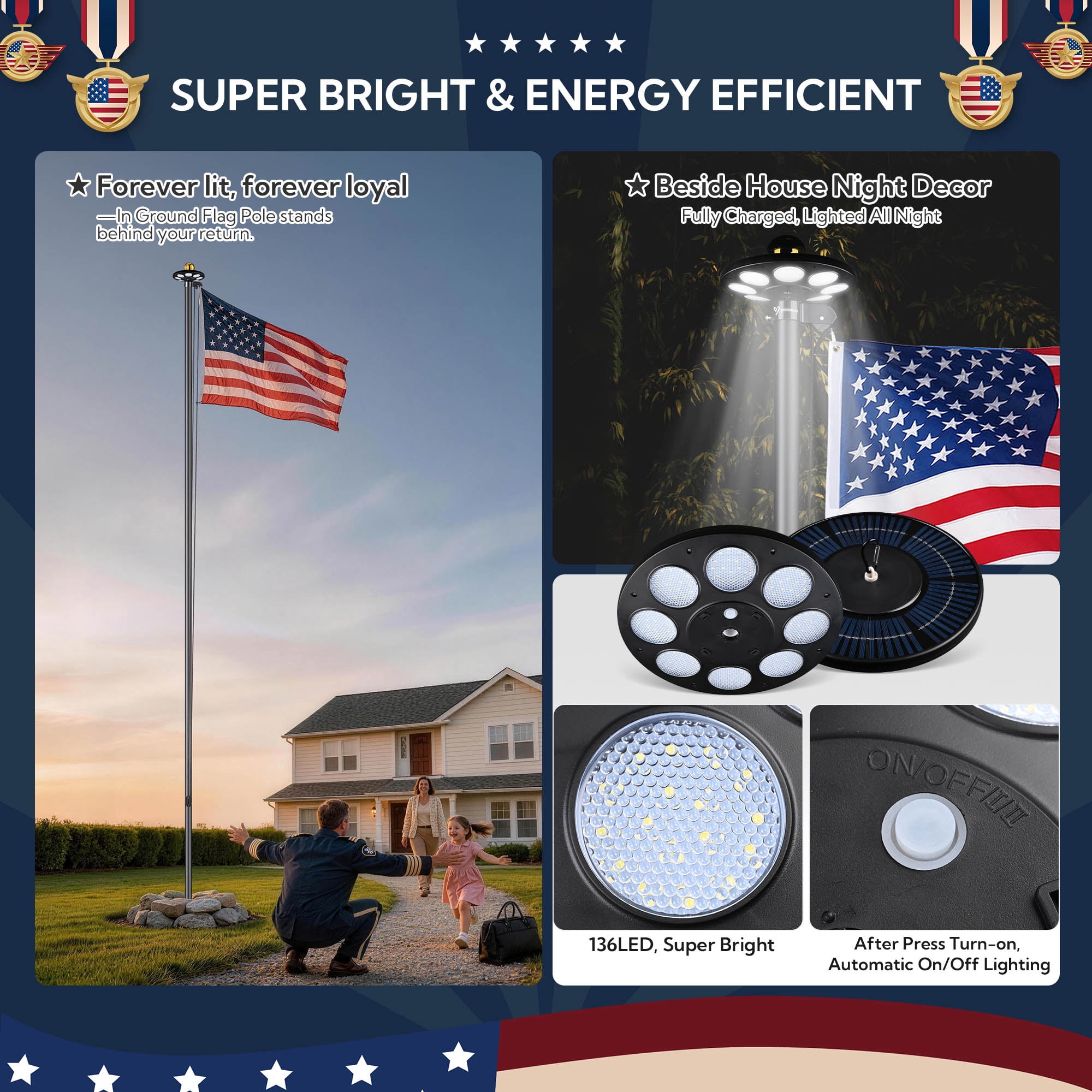 Yescom Bravery 25Ft Heavy Duty Sectional 13Gauge Aluminum Flag Pole Kit with 136 LED Solar Light US Flag Top Outside House Outdoor