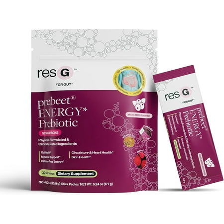 resbiotic resG prebeet Energy Prebiotic Fiber Drink Mix, Digestion & GLP-1 Support, 30 Stick Packs