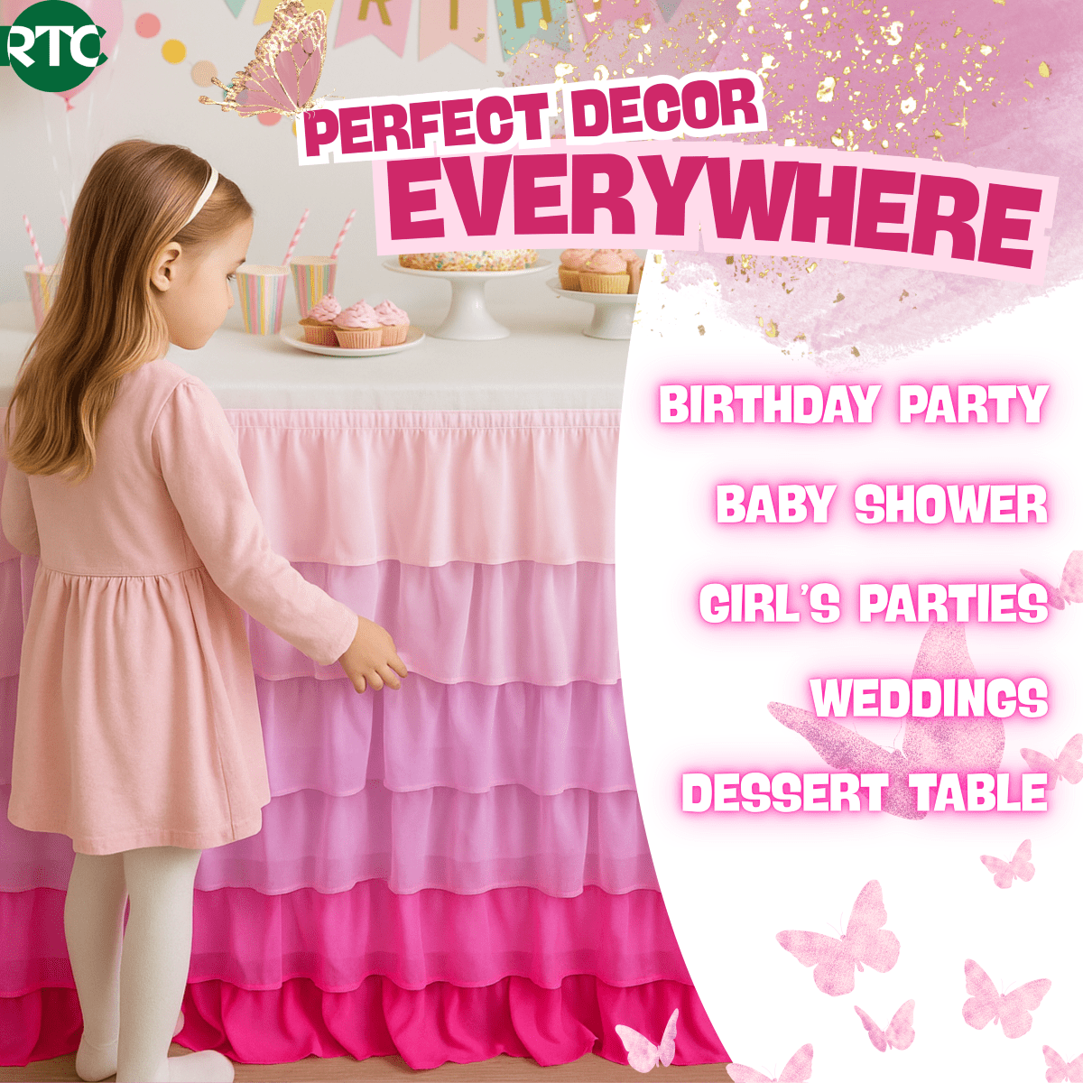 (3 pack) RTC Group 100% Polyester Tulle Ruffle Table Skirt Cover 6ft, 72 x 30 - Birthday Parties, Wedding, Party Decorations, Gradiant Pink