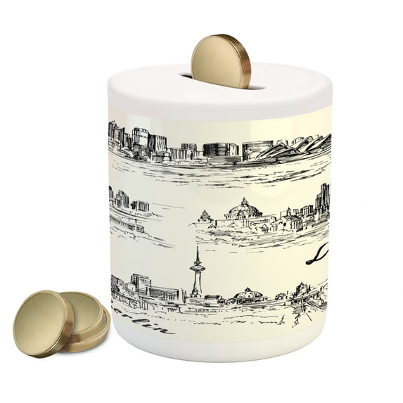 Travel Piggy Bank, Silhouettes of Different Popular Cities in World Paris Sidney Berlin London Print, Ceramic Coin Bank Money Box for Cash Saving, 3.6" X 3.2", Cream Black, by Ambesonne