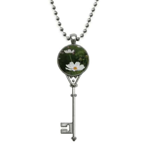 Three White Cosmos Art Deco Fashion Pendant Vintage Necklace Silver Key Jewelry