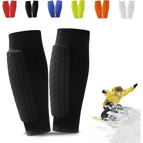 Ski shin guards, ski socks, breathable elastic ski gel protectors, leg protection, sports safety equipment.