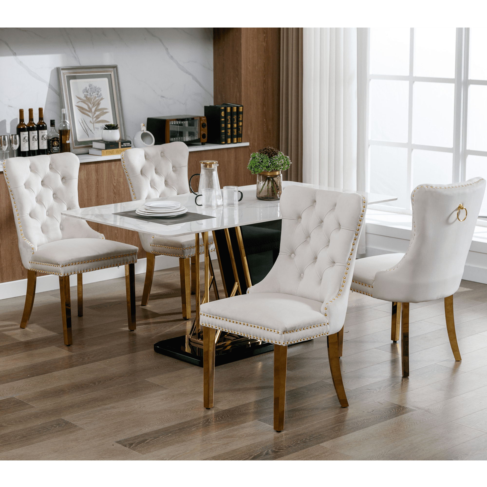 LegaHome Dining Chairs Set of 2, Modern Upholstered Velvet Dining Room Chairs with Nailhead Trim and Golden Stainless Steel Plating Solid Wood Legs, Tufted Button Padded Chairs Set for Kitchen, Beige