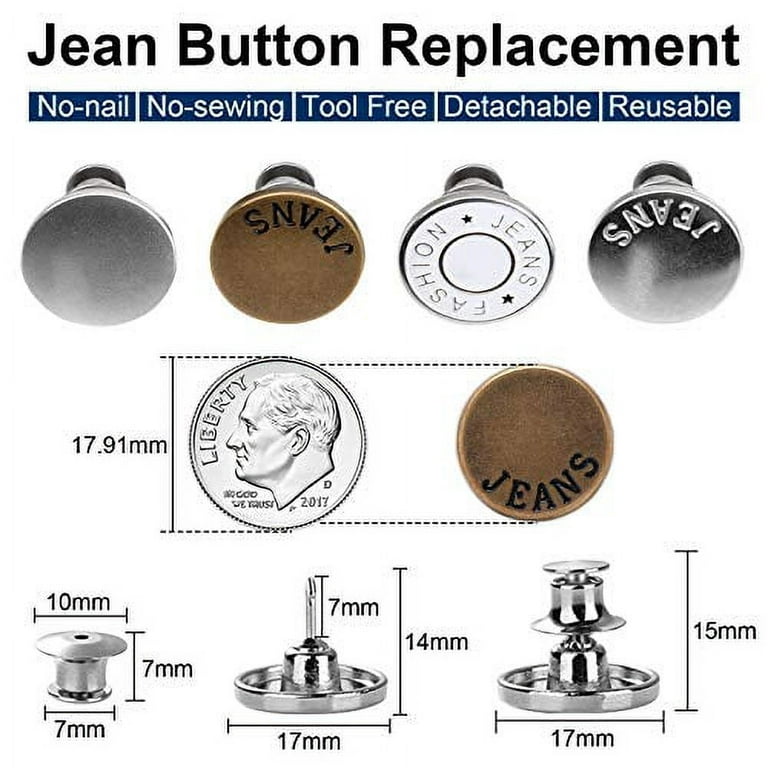 6 Sets Removable 17mm No Sewing Jeans Buttons Replacement Kit with Metal  Base