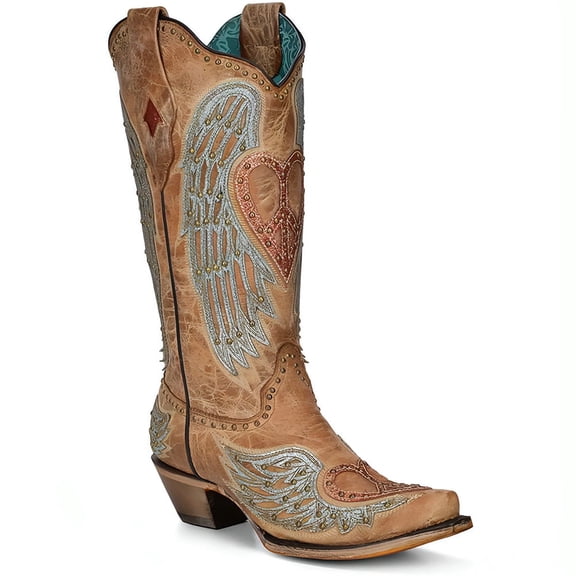 CORRAL Adult Female Sand Heart And Wings Overlay & Embroidery & Studs Boots, Size: 8, Width: M