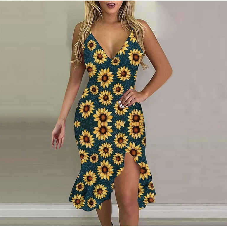 ZQGJB Discount Summer Dresses for Women 2023 Sexy Deep V Neck Floral Print Spaghetti Strap Beach Sundress Trendy Elegant Party Slit Sling Bodycon