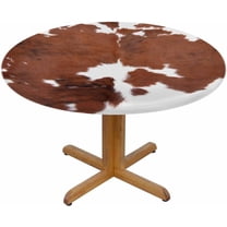 Cowhide Round Table Cloth Brown Cow Fur Elastic Edged Table Cover Fade and Stain Resistant Table Cloths Easy to Clean Fits Tables 40-44" Diameter