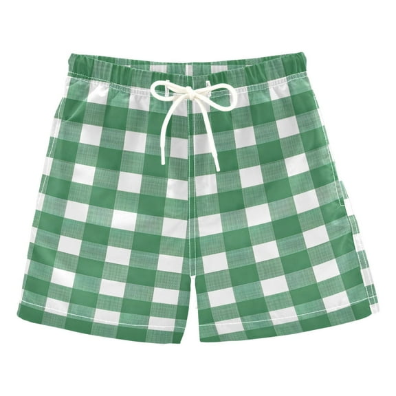 joogoo Boys Swim Trunks Green and White Checkered Pattern Beach Board Shorts Drawstring Swimsuit S
