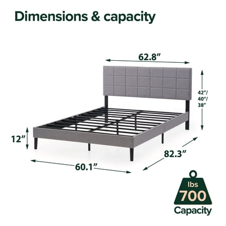 MAINSTAYS GRAY UPHOLSTERED SQUARE TUFTED PLATFORM BED, NO BOX SPRING NEEDED, QUEEN
