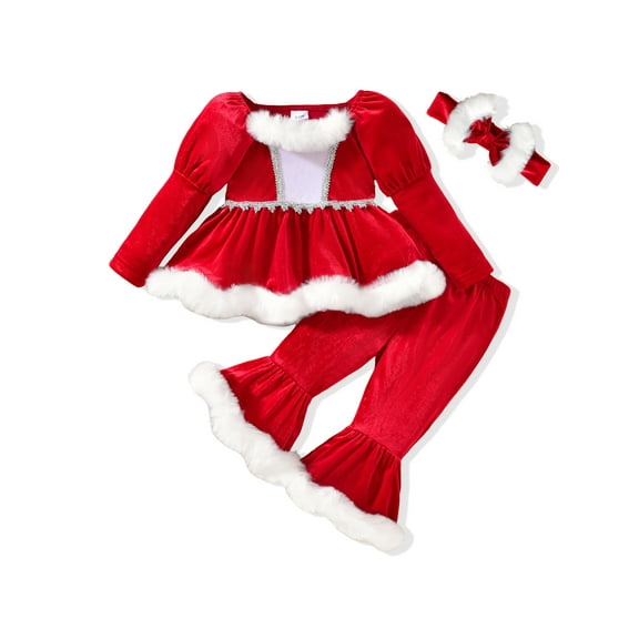 Gzhioc Toddler Baby Girl Christmas Fall Outfit 6 12 18 24 Months 2T 3T 4T Long Sleeve Square Neck Plush Trim Tops with Elastic Waist Flare Pants Headband