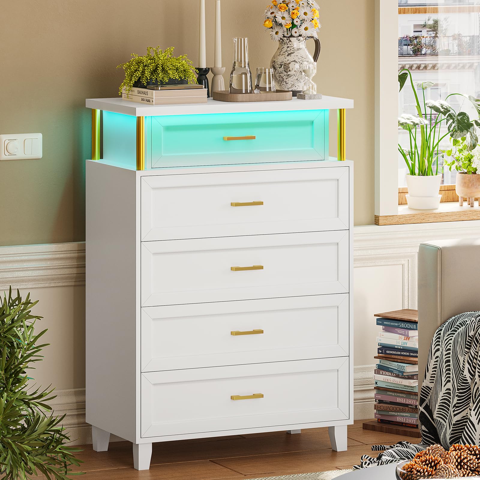 5 Drawers Dresser with LED Lights for Bedroom, White Dressers Chest of