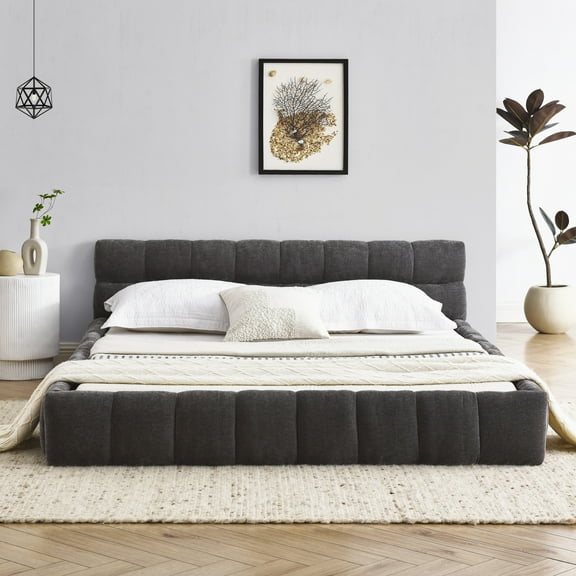 Queen Size Upholstered Bed Frame,No Box Spring Needed, Sturdy Solid Wood Platform Bed with Thick Chenille Fabric & Headboard , Easy Assembly, Modern Bedroom Upgrade, Durable Design, Dark Grey