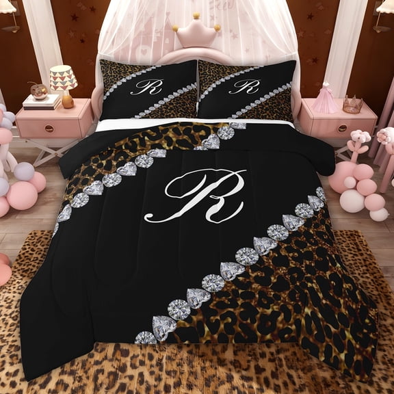 jejeloiu Letter R Monogrammed Twin Comforter Sets,Brown Leopard Print Bedding Set For Girls Kids Reversible 2pcs