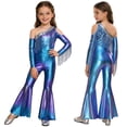 thumbnail image 6 of TiaoBug Girls Metallic One Shoulder Flared Jumpsuit 70s Disco Dance Outfit Kids Pageant Party Formal Romper Blue 10, 6 of 7
