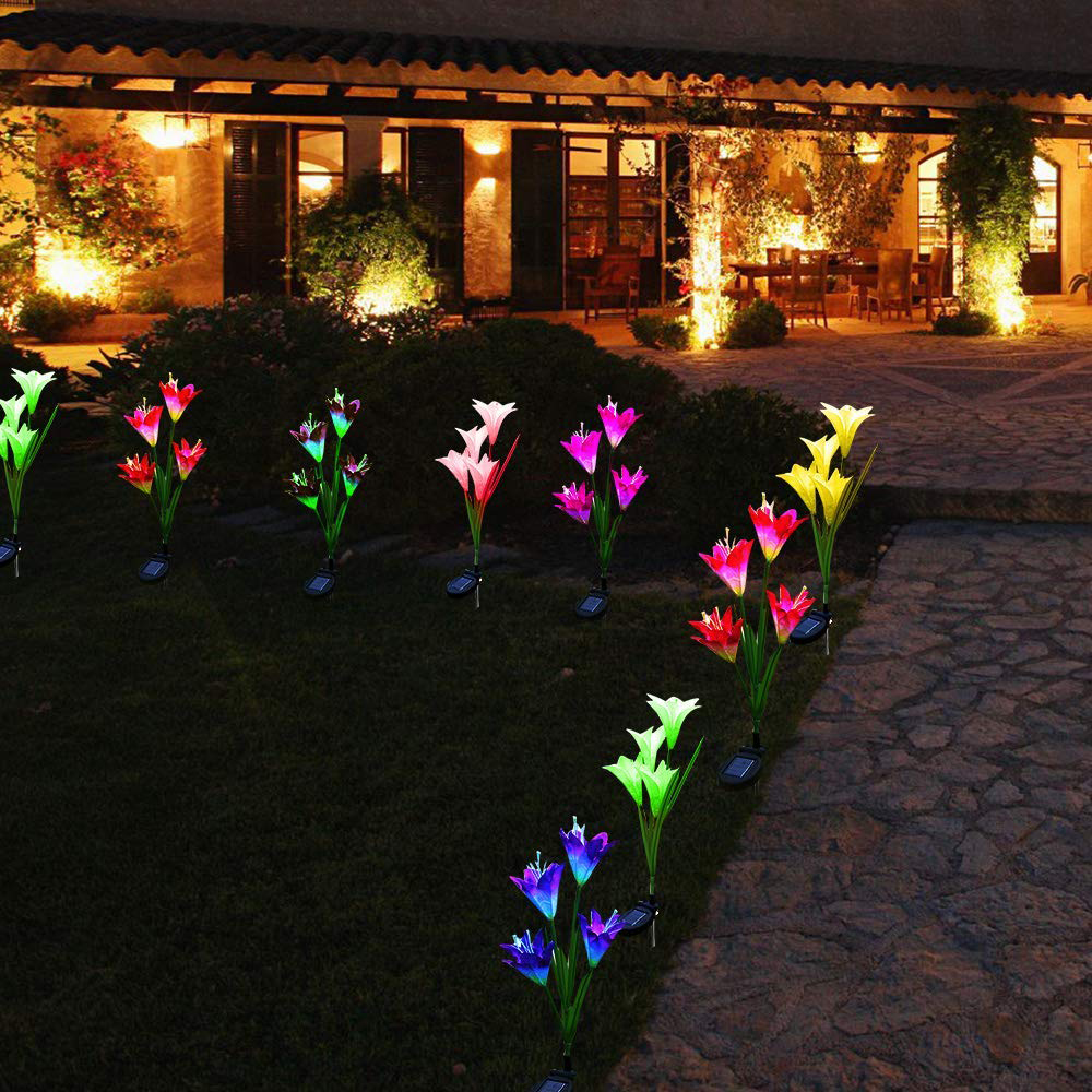 Outdoor Solar Lights Decorative LED Flowers Pack of Solar Lilies Patio  Décor Purple  White Solar Powered Garden Decoration Lights -Backyard  Lighting – Waterproof Lily Flower