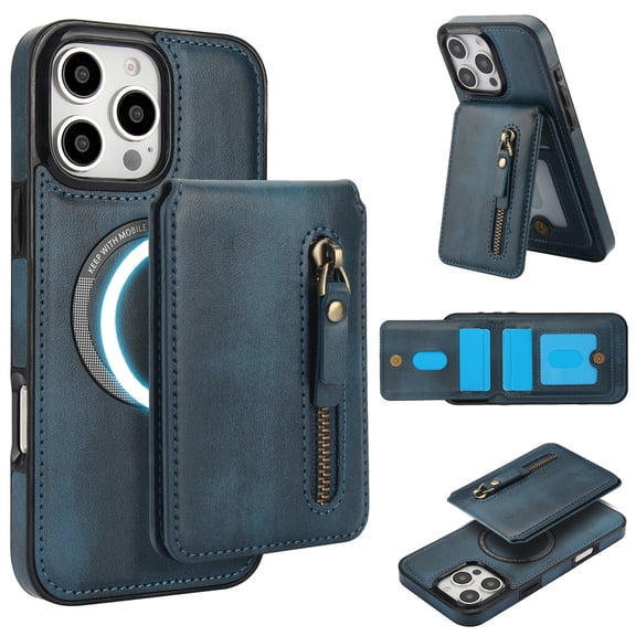 Compatible with Magsafe 2 in 1 Detachable for iPhone 11 Pro Max Wallet Case with Card Holder Women Men,Magnetic PU Leather RFID Blocking Back Flip Stand Zipper Slot Shockproof Cover, Blue