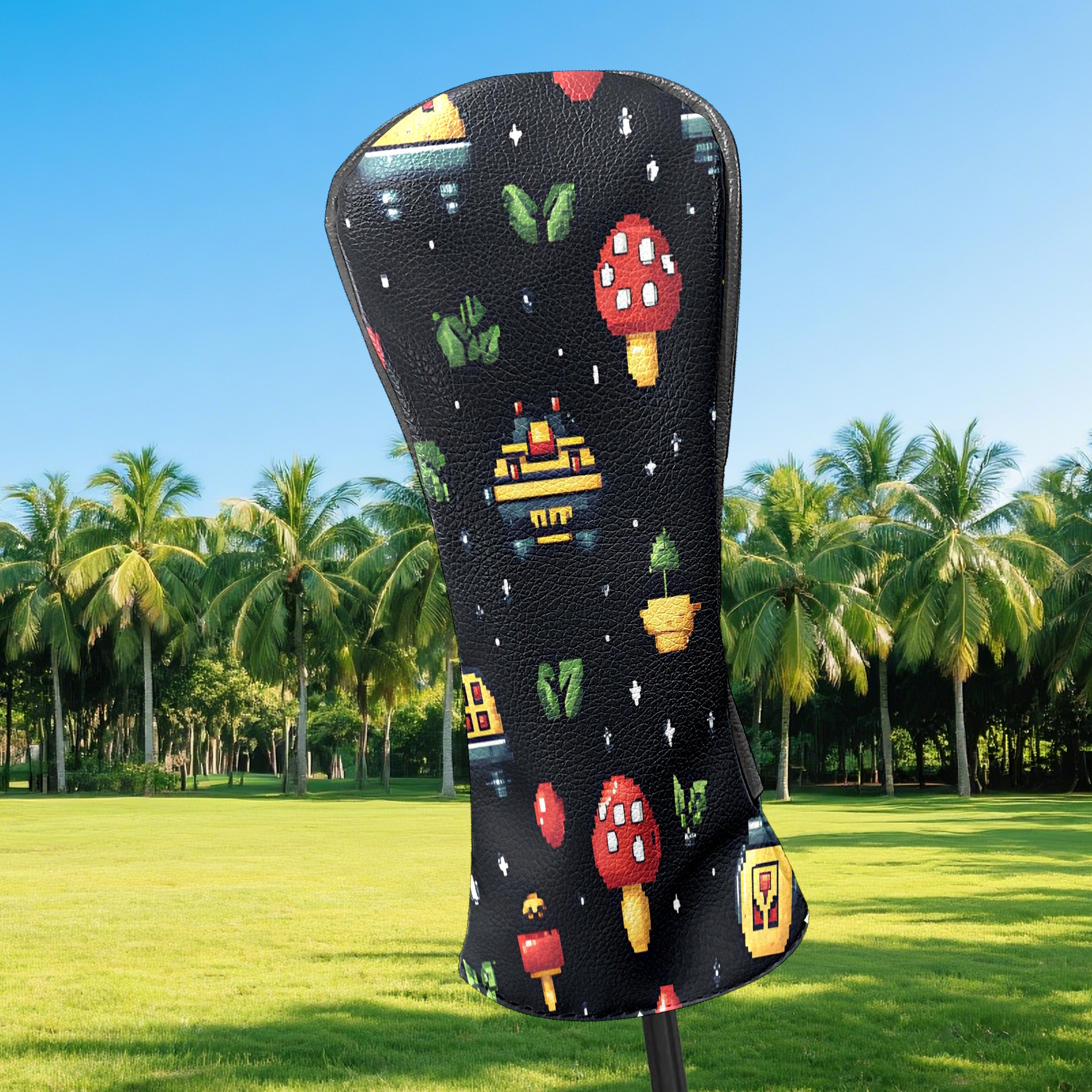 Golf Club Covers, Black Alien Elements Premium PU Leather Driver Hybrid Putter Head Covers with Velvet Lining, Waterproof Golf Gifts for Men Women