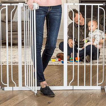 49-Inch Extra Wide Adjustable Pet Safety Gate with 4-Inch & 12-Inch Extension Kits, Includes Pressure Mount & Wall Mount Hardware, Walk-Through Door for Dogs/Cats, One-Hand Operation