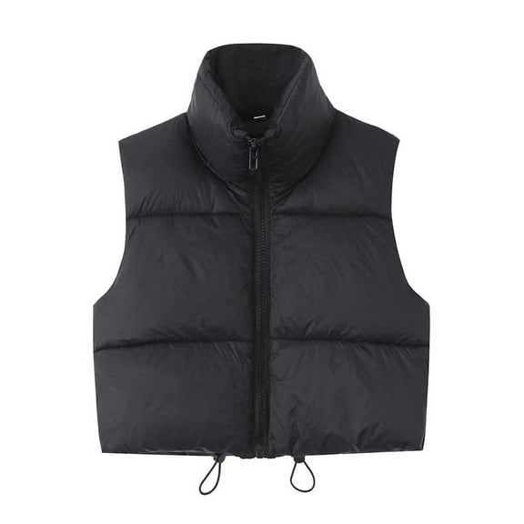 Ecqkame Puffer Winter Jacket Women Warm Casual Full Zip Loose Sleeveless Stand Collar Jackets Solid Color Waistcoat Tops A-Black XS on Clearance