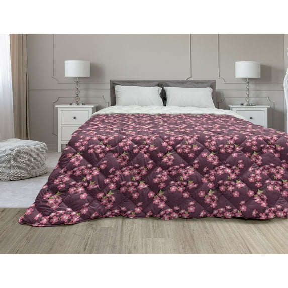 Cherry Blossom Down Alternative Comforter, Watercolor Style Oriental Pattern with Sakura Branch, Microfiber Quilt for All Season, 5 Sizes, Hot Pink Green Brown, by Ambesonne