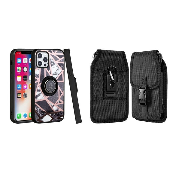 Bemz Ring Series Case for iPhone 14 Plus (TPU Silicone Cover with Magnetic Stand) and Vertical Nylon Buckle Belt Holster Pouch - Black White Marble