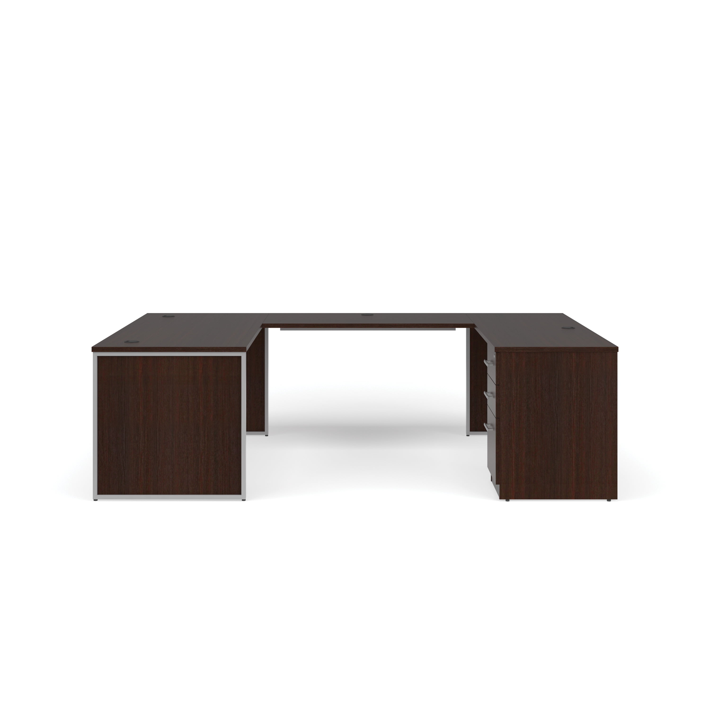 OFM Fulcrum Series Office Furniture Set, 66" U-Shaped Desk with Bridge, Credenza, 3-drawer Filing Cabinet, Leg Panels, Modesty Panels, in White