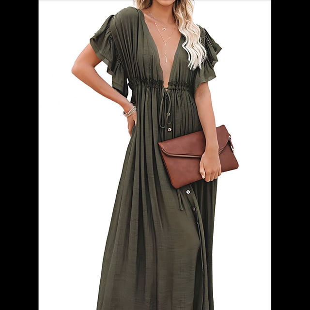 Vestido Informal de Verano para Mujer, Maxivestido con Volantes y Botones, Estilo Bohemio, Túnica Larga. Verde Talla Única