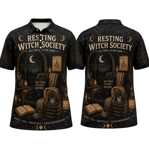 Lotusprint LLC Resting Witch Society Polo Shirt, Multicolor, Cozy Moonlit Reading Graphic