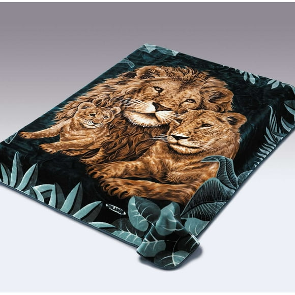 Solaron Original Lion, Lioness, Cub Couverture en Peluche de Vison Épaisse Style Coréen Super Douce Format Queen - Vert