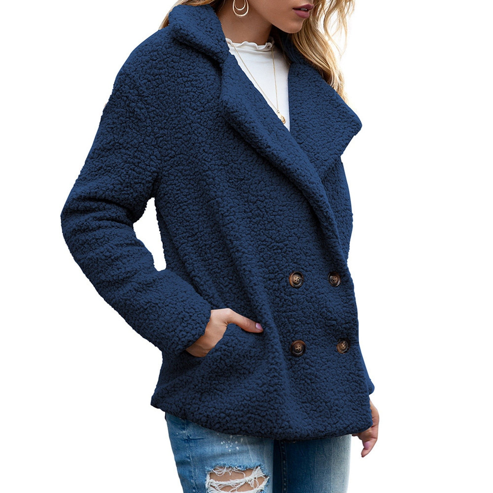 Jacket Women Women's Solid Color Winter Buttoned Jackets with Pockets Casual Style Coats for Women Blue L - image 5