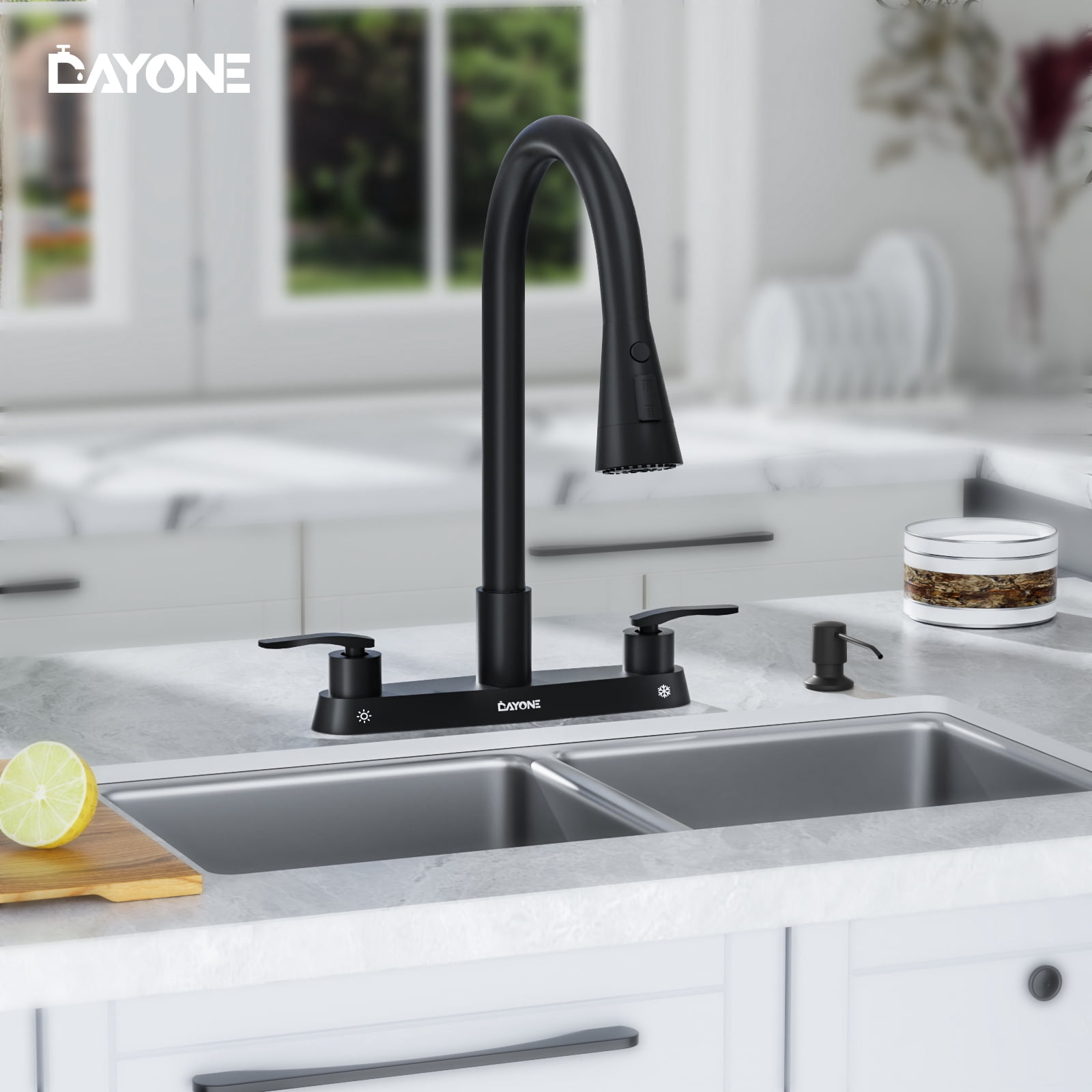 DAYONE Matte Black 2 Handle Kitchen Faucet with Pull Down Sprayer, 4 Holes Sink Faucets for Kitchen/RV with Soap Dispenser Stainless Steel