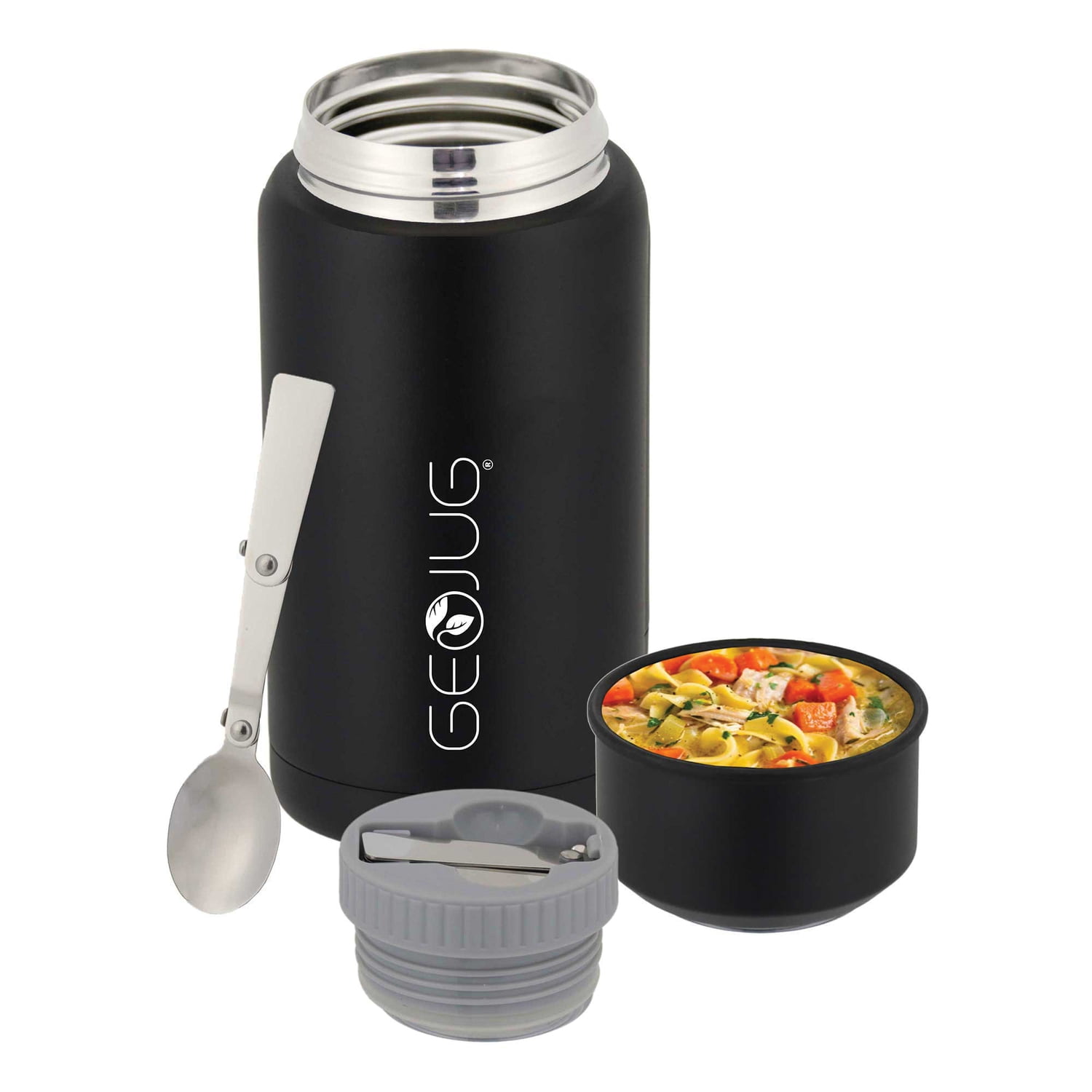 Brentwood Geojug Vacuum-Insulated Stainless Steel Food Jar with Bowl and Folding Spoon, Black (25 Oz.)