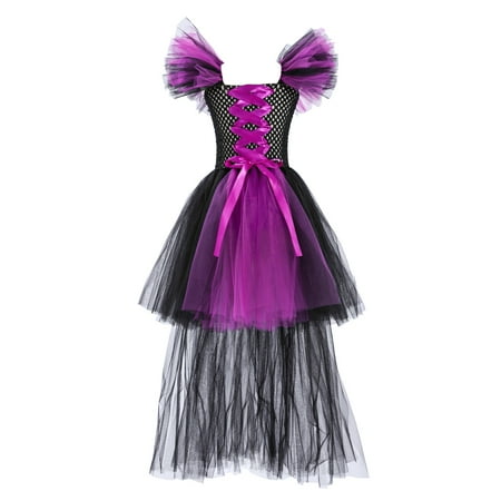 

EnJoCho Kids Girls Magnificent Witch Dress Halloween Rainbow Black Gown Princess Dress Party Tutu Dress Long Tulle Dresses Purple Black