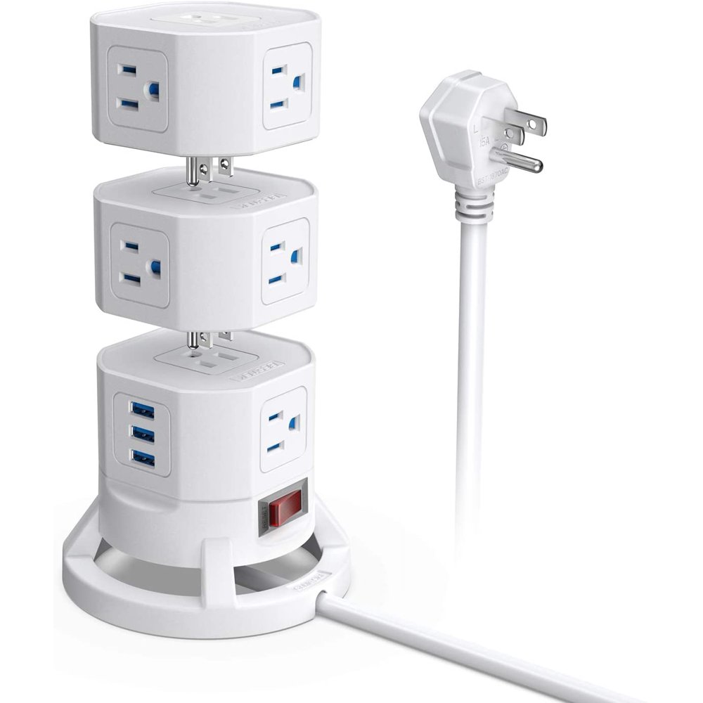 BESTEK 12 Outlets Power Strip Tower with 3 USB Ports Stackable Design Extend to 14 AC Outlets