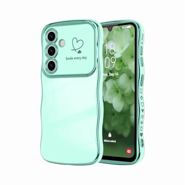Chenchen for Samsung Galaxy A15 4G/5G Case for Women Girls, Cute Wave Frame Curly Shape with Love Heart Raised Camera Protection Luxury Plating Shockproof Phone Case for Galaxy A15 4G/5G, Mint Green