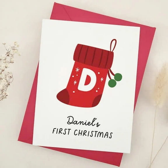 Personalized First Christmas Card for Baby – Adorable Stocking Design with Initial – Perfect Gift for Baby's First Holiday Celebration