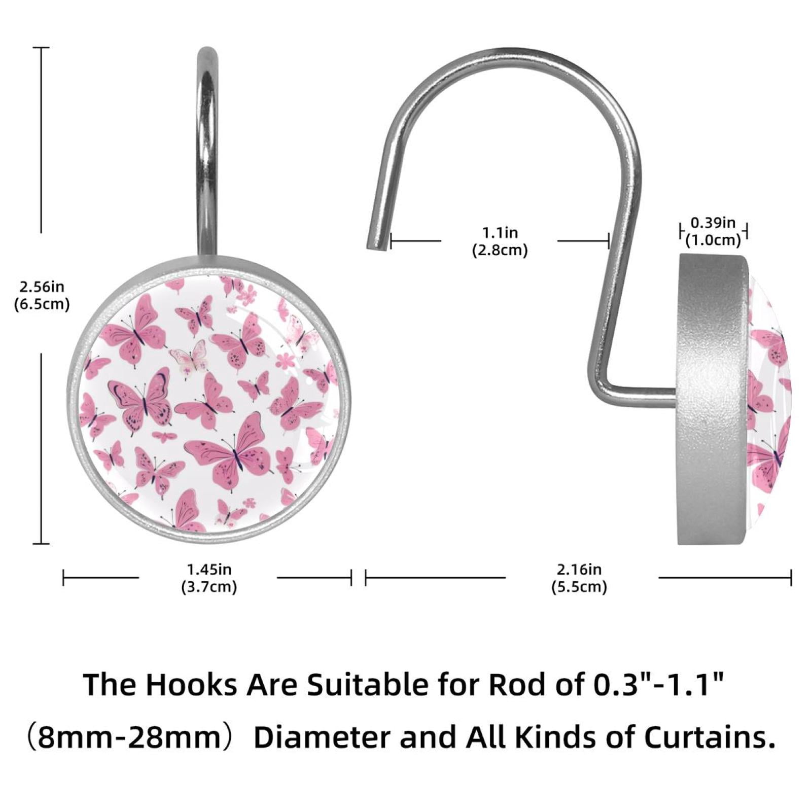 12pcs Decorative Shower Curtain Hooks, Rust Resistant Shower Rings for Bathroom Living Room,Rustproof Stainless Steel Rings for Shower Curtain and Liner Rods,Butterflies Pink