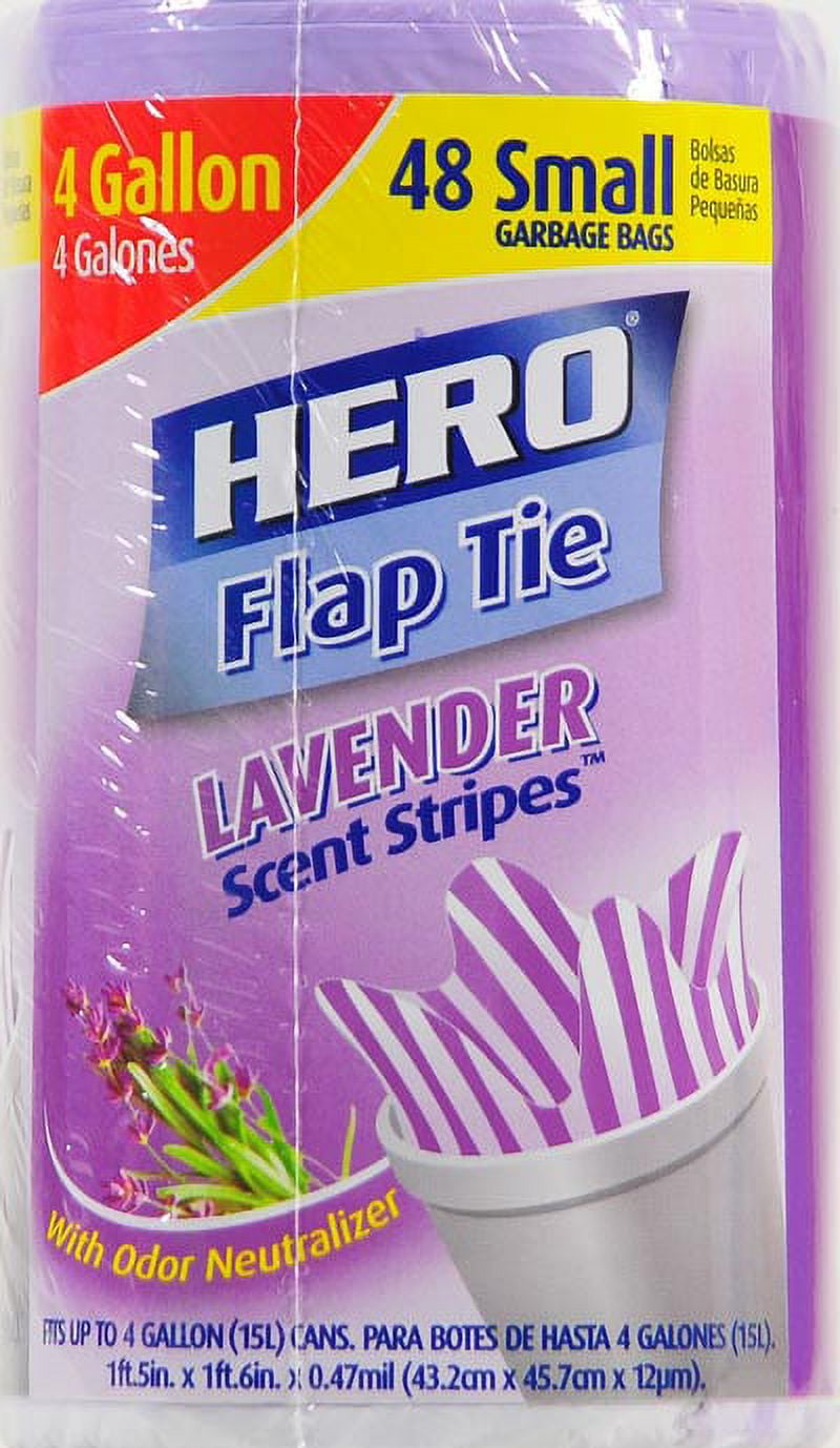 Hero Lavender Stripes Flap Tie Garbage Bags, 4 Gallon, 48 Ct 