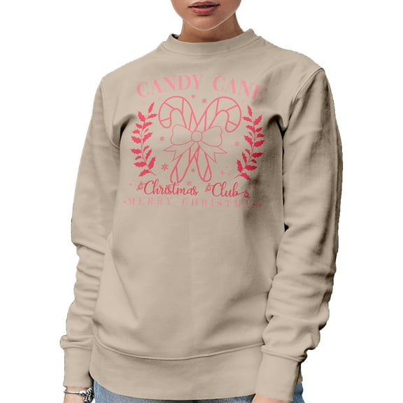 Pink Candy Cane Christmas Club, Merry Christmas Art, Sand Crewneck Sweatshirt, Small